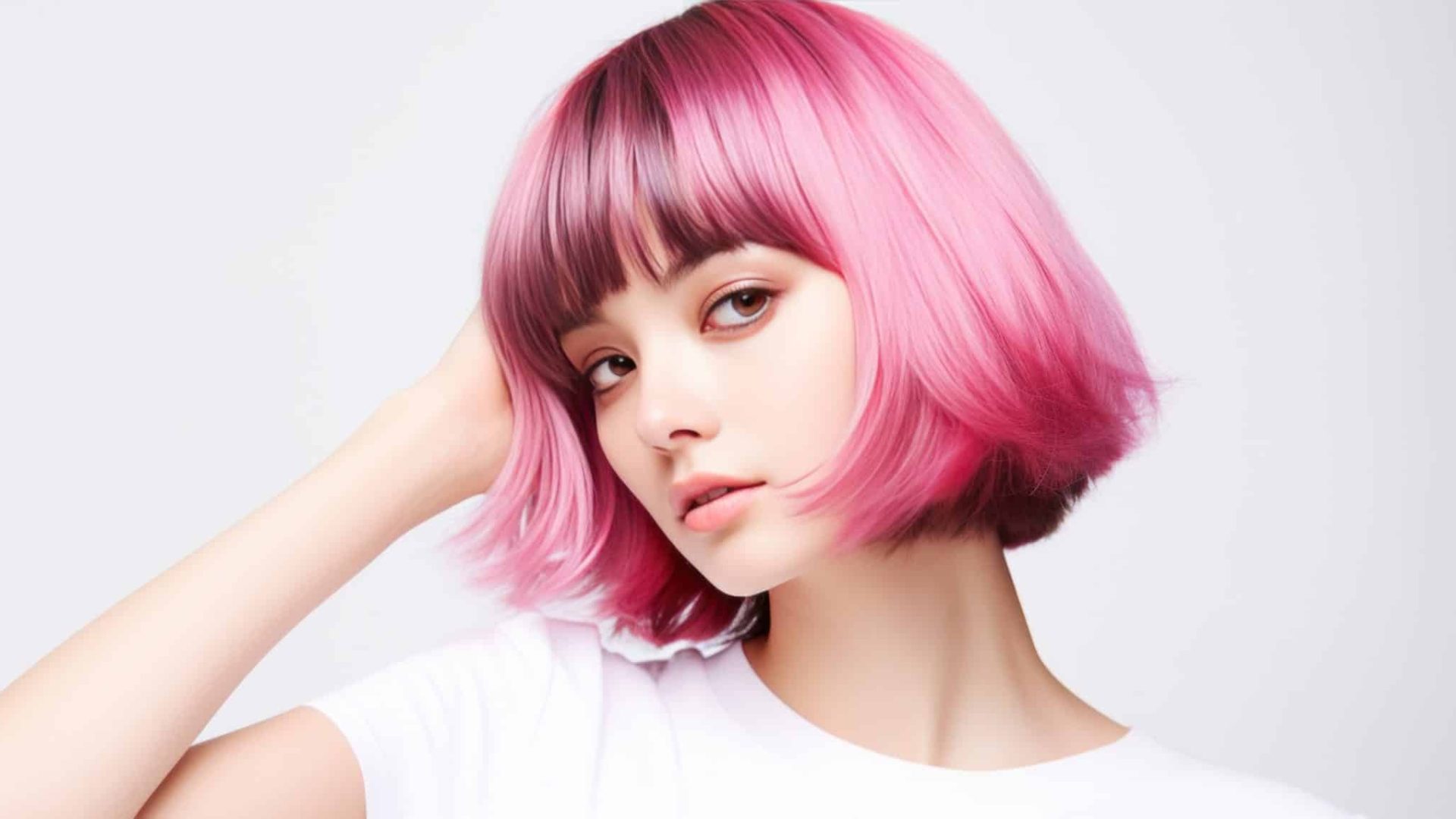 Asian women hair model, pink bob cut hair style on white background.